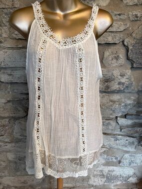 Ivory Crochet Trim Gauzy Tank Top